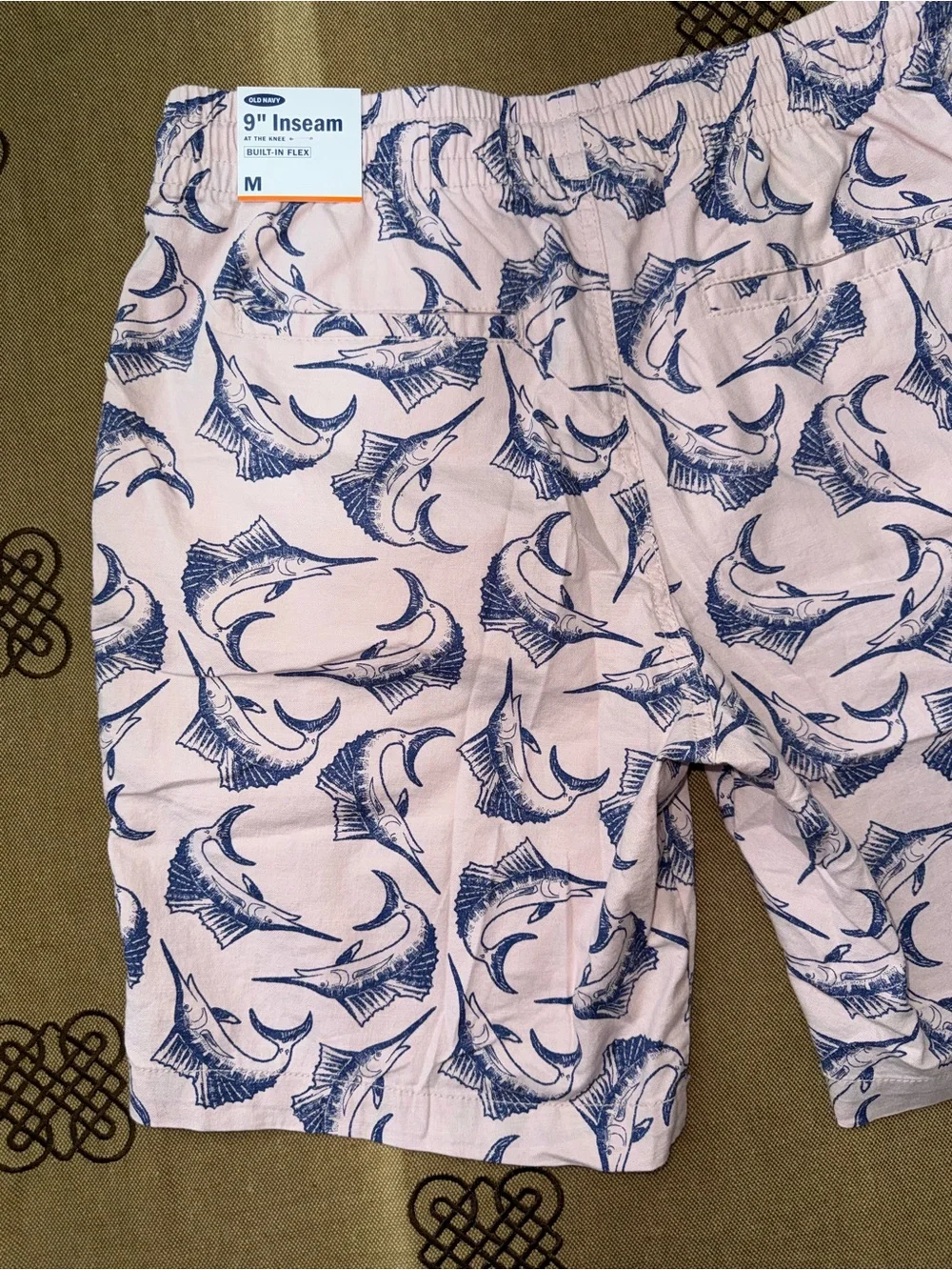 Old Navy NWT! Men'S Pink Marlin Fish Print Shorts Chino Elastic Waist Drawstring